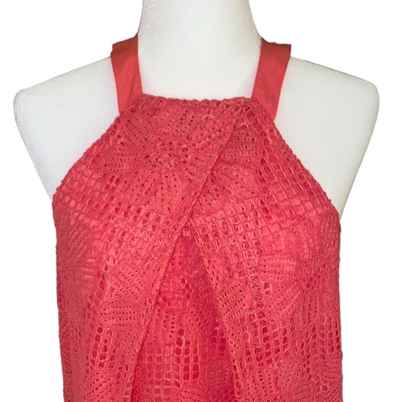 NWT Trina Turk Felisha Coral Lace Draped Halter Mini Dress in Guava - 4 - Picture 5 of 16